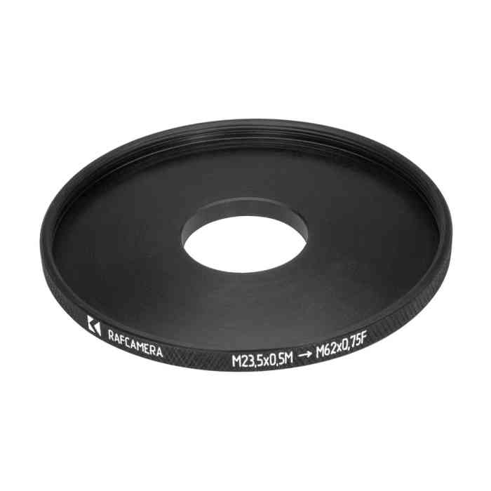 M23.5x0.5 male to M62x0.75 female filter step-up ring (Cooke Kinic 1.5/1″ lens)