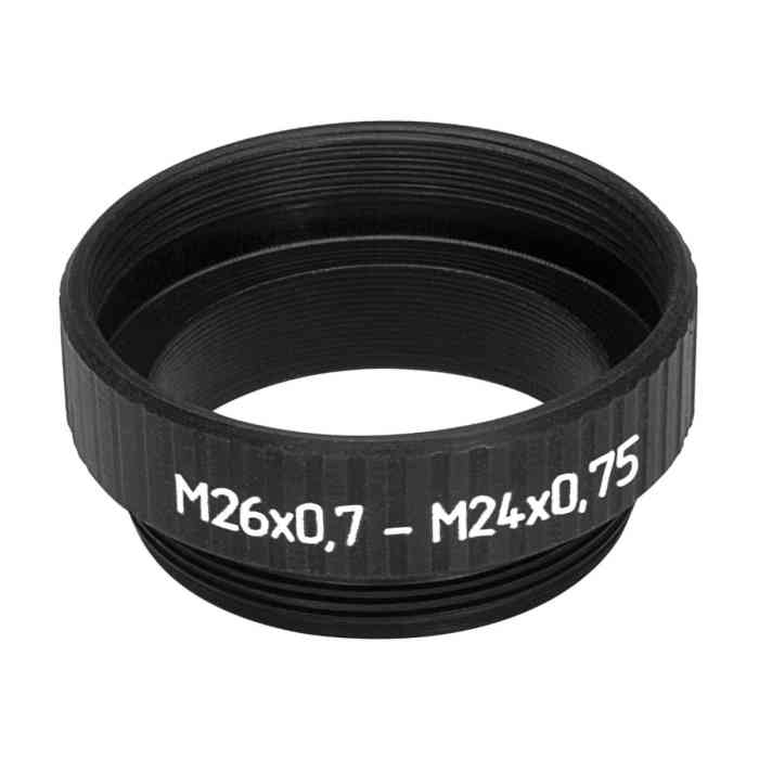 M24x0.75 male to M26x0.7 (36tpi, Mitutoyo) female thread adapter, black
