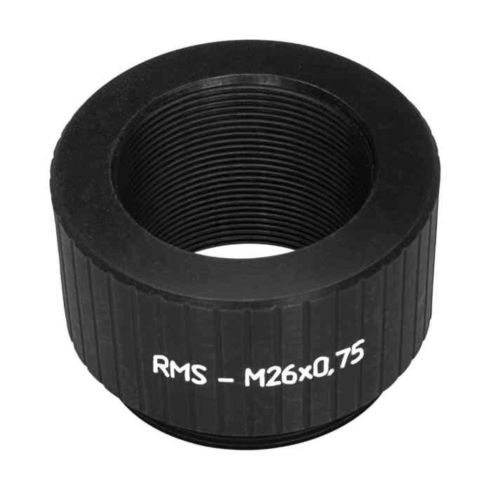 M26x0.75 male to RMS female thread adapter, 15mm height, black