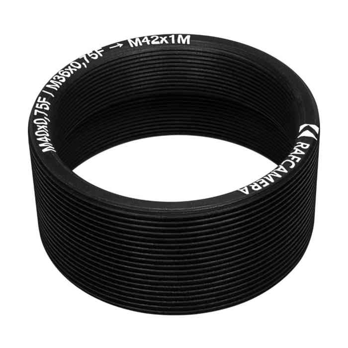 M40x0.75 and M36x0.75 female to M42x1 male thread adapter, 20mm long