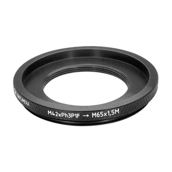 M42xPh3P1 female to M65x1.5 male thread (Leica Z16 objective to Z16A) adapter