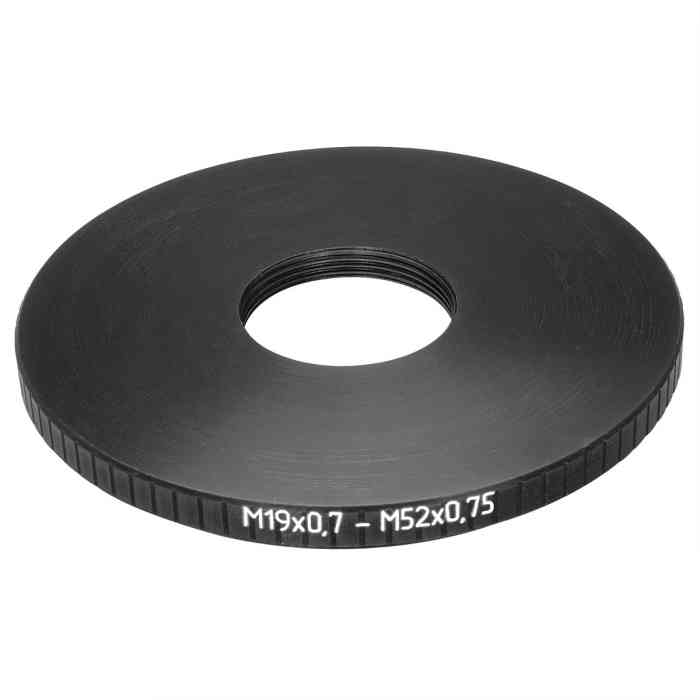 M52x0.75 male to M19x0.75 female thread adapter (52mm to 19mm step-down ring)