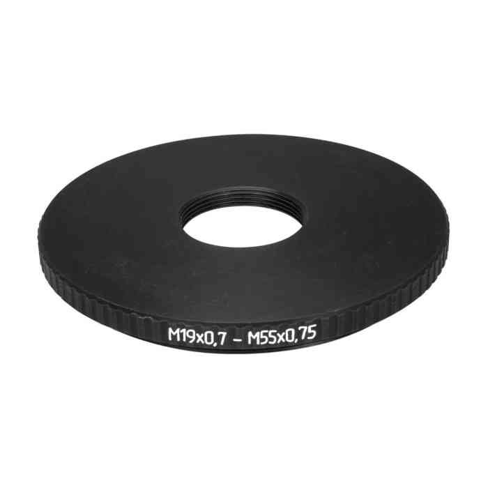 M55x0.75 male to M19x0.75 female thread adapter (55mm to 19mm step-down ring)