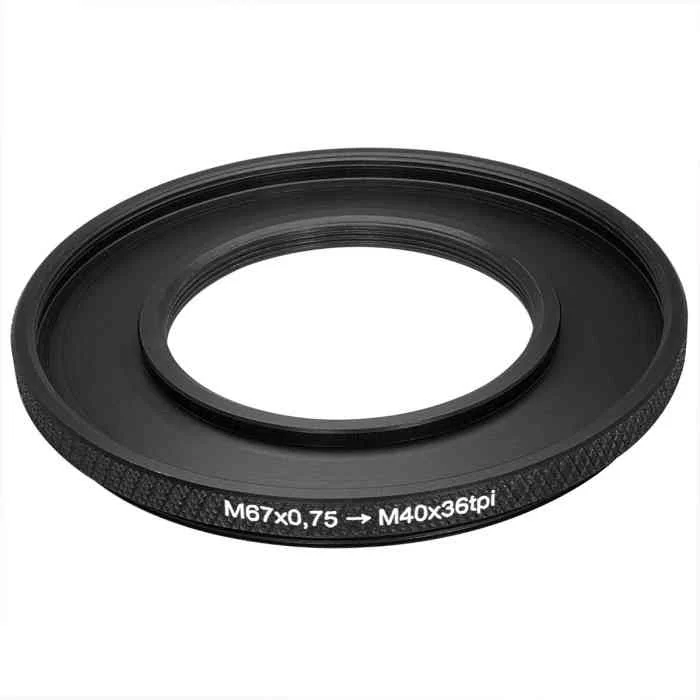 M67x0.75 male to M40x36tpi female thread adapter (67mm to 40mm step-down ring)