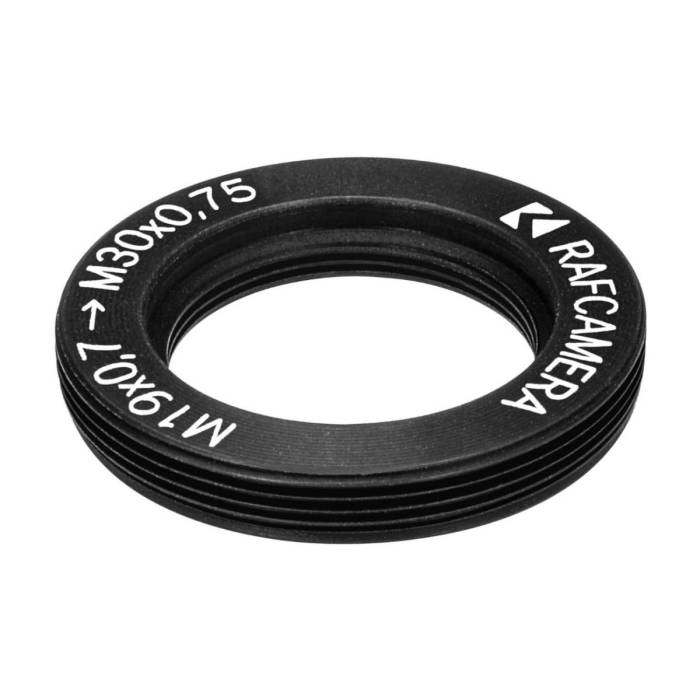 M30x0.75 male to M19x0.75 female thread adapter, flangeless, black