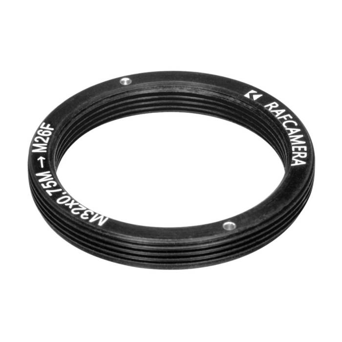 M32x0.75 male to M26x0.75 (36tpi) female thread adapter, flangeless, black