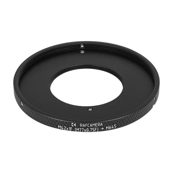 M42x1 lens to Mamiya 645 camera mount adapter with extra M77x0.75 female thread
