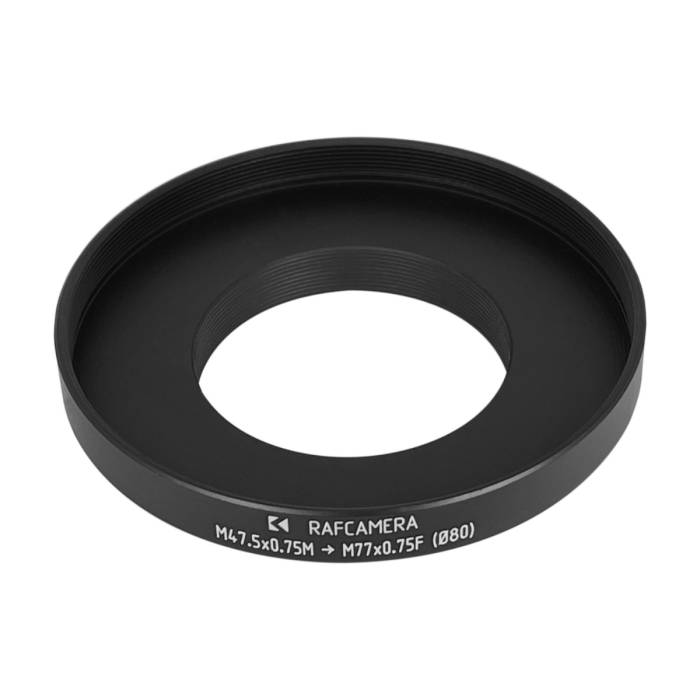 M47.5x0.75 male to M77x0.75 female thread adapter with 80mm outer diameter