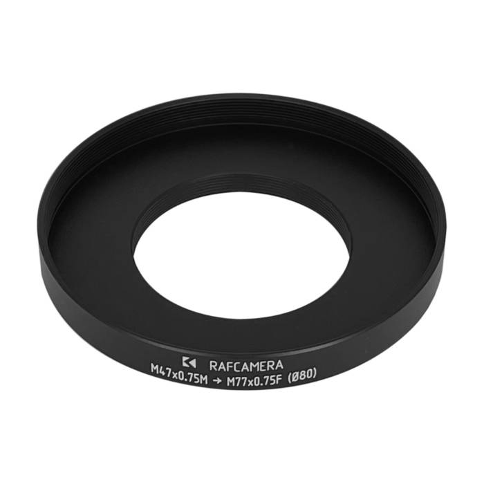 M47x0.75 male to M77x0.75 female thread adapter with 80mm outer diameter