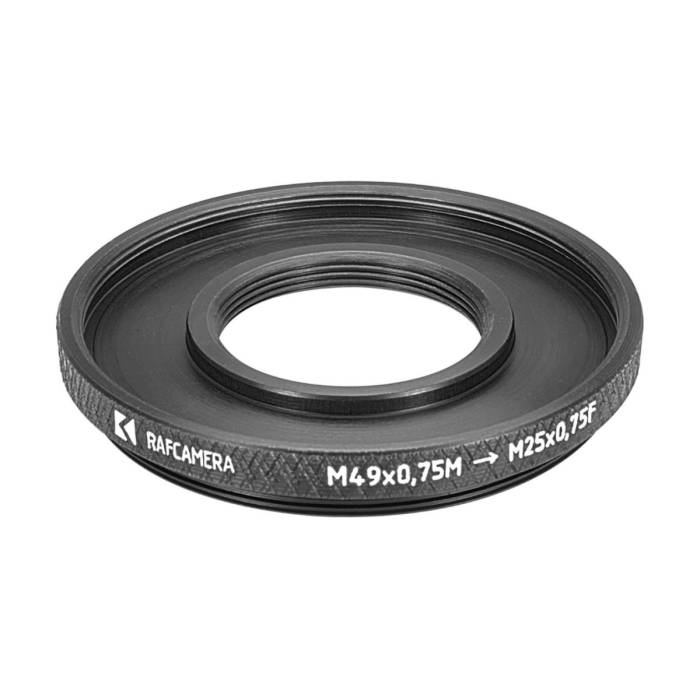 M49x0.75 male to M25x0.75 female thread adapter (49mm to 25mm step-down ring)