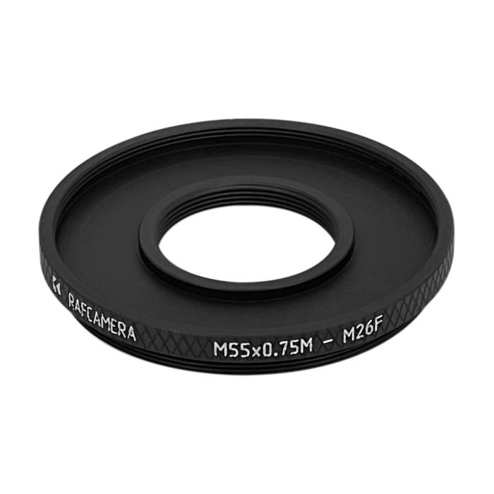 M55x0.75 male to M26x0.7 female thread adapter (55mm to 26mm step-down ring)