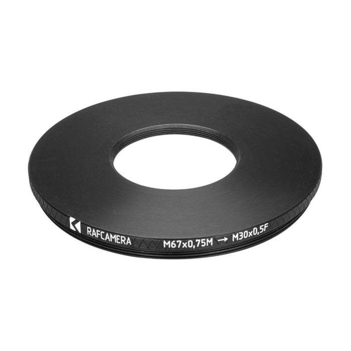 M67x0.75 male to M30x0.5 female thread adapter (67mm to 30mm step-down ring)