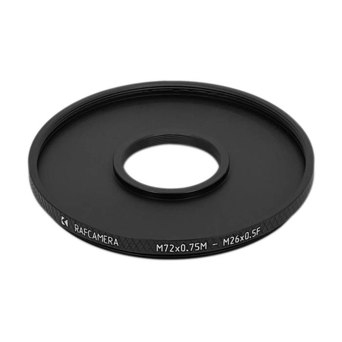 M72x0.75 male to M26x0.5 female thread adapter (72mm to 26mm step-down ring)