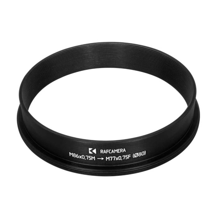 M86x0.75 male to M77x0.75 female thread adapter with 80mm outer diameter